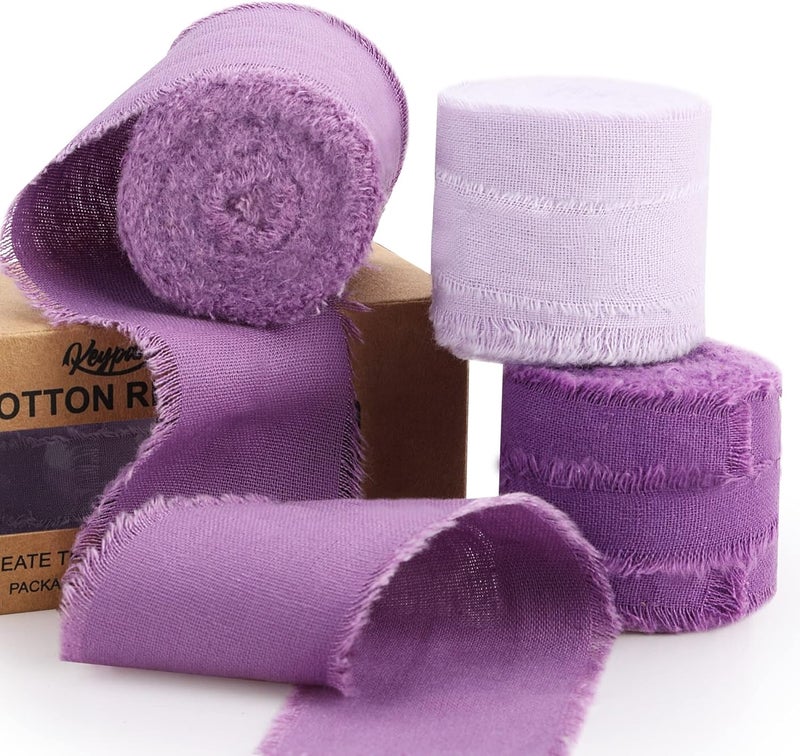 Keypan Purple Ribbon 1-1/2 x 15 Yards Handmade Cotton Frayed Fringe Fabric Ribbons for Crafts Flower Bouquets Wedding Baby Shower Home DIY Decor - Image 1